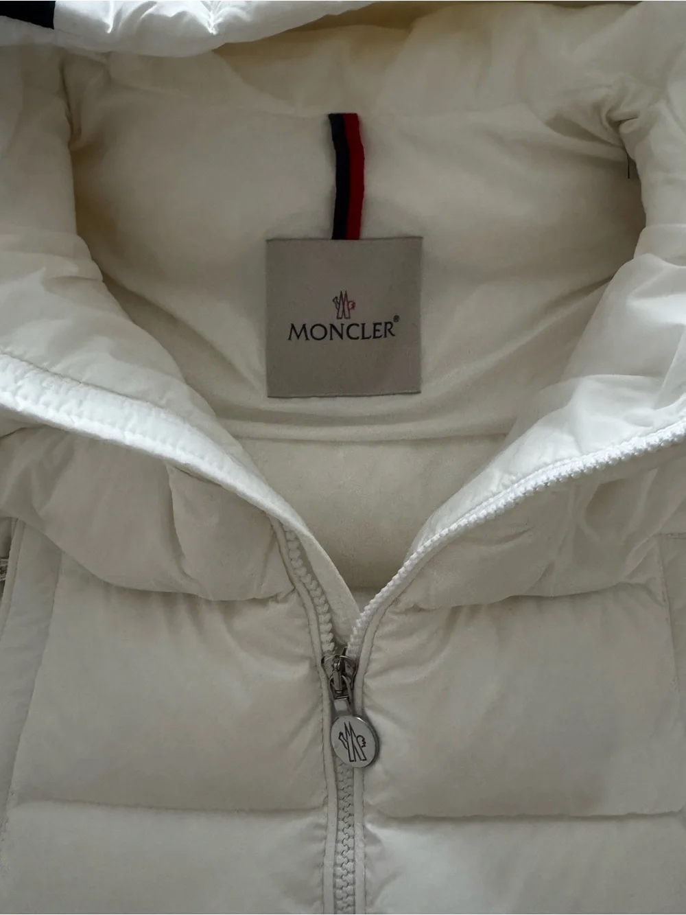 Moncler Kids Natural White Hooded Puffer with Red & Navy Trim